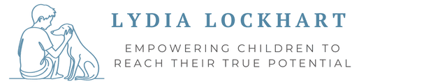 Lydia Lockhart Logo, line art of a dog and a child